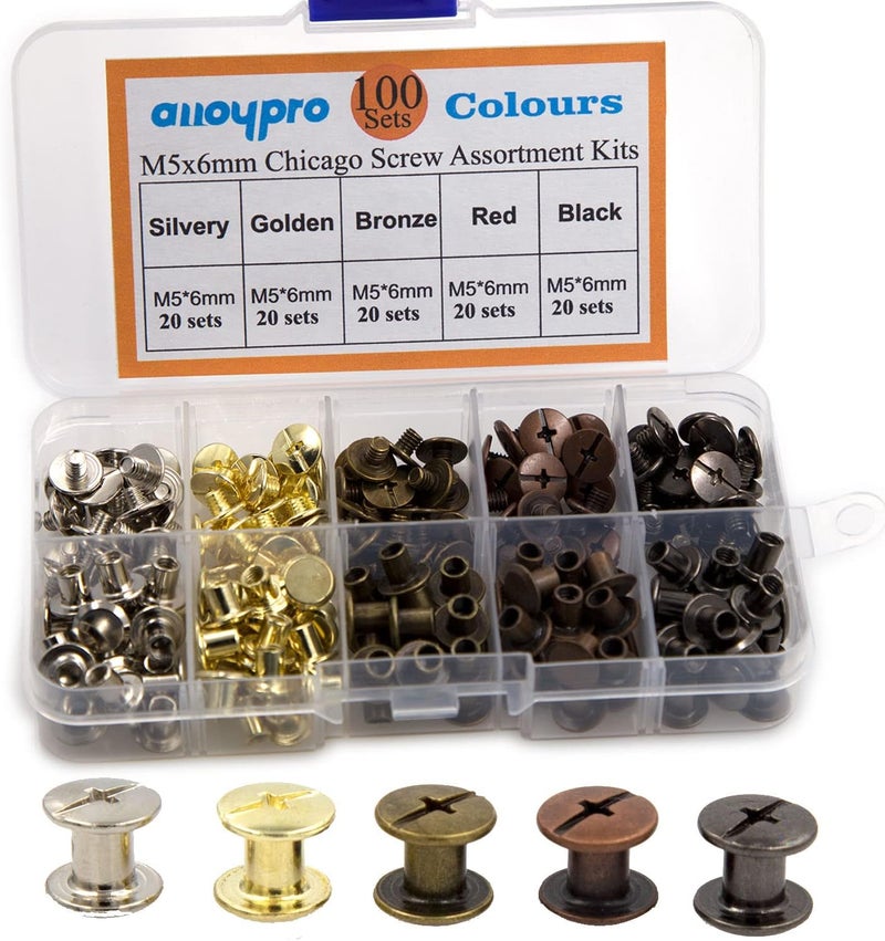 ALLOYPRO 100 Sets Chicago Screws Assorted Kit 5 Color Leather Rivets Screw Rivets Flat Fillister Book Binding Posts Nail Rivet Chicago Bolts for DIY Leather Craft Black Silver Golden Bronze (Colours 5×6mm) - Image 1